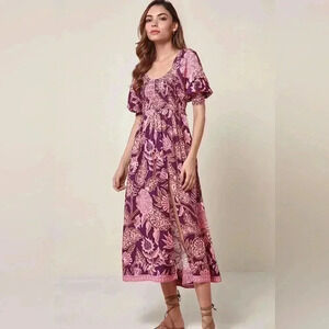 Purple Puff Sleeve Midi Sundress for Wedding Guest